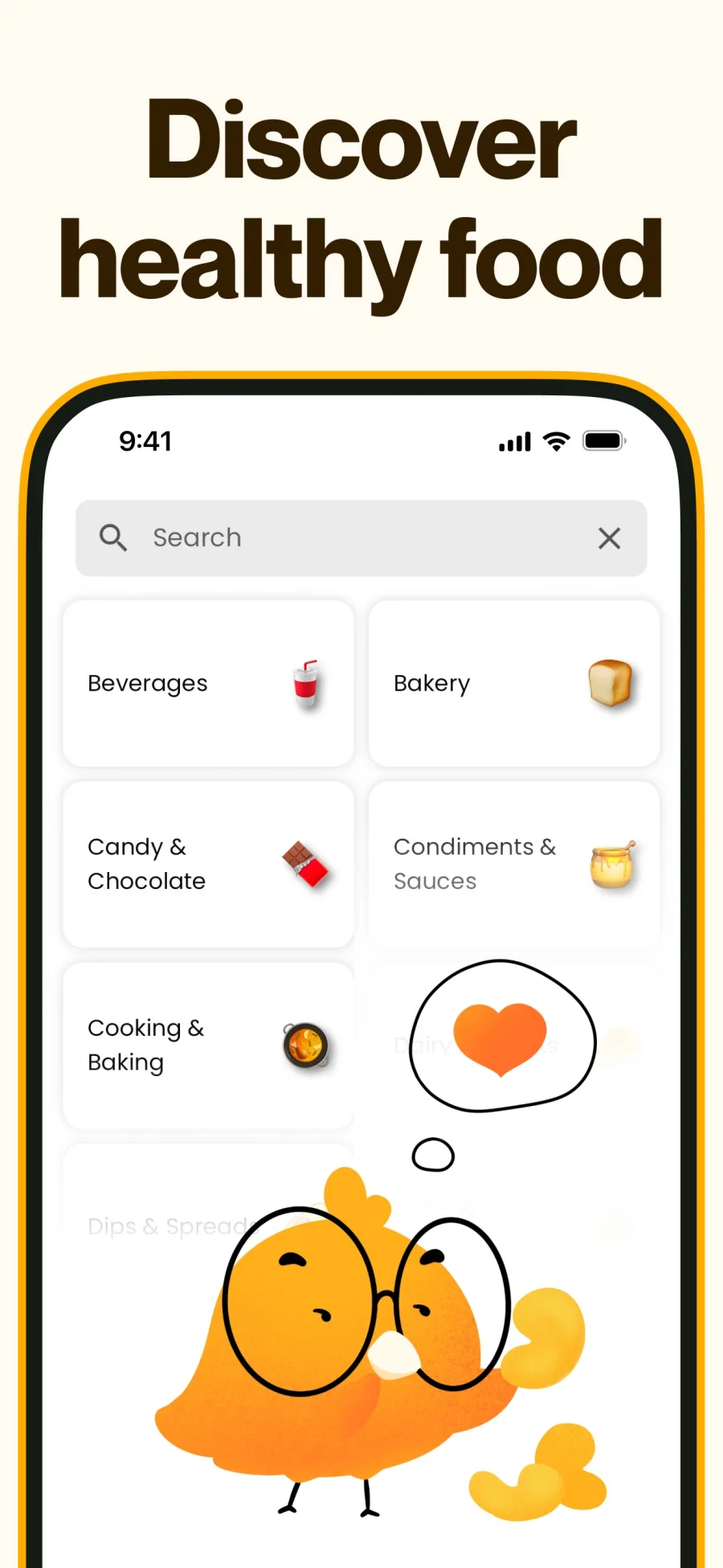 Labeless search screen with food categories such as beverages, bakery and candy